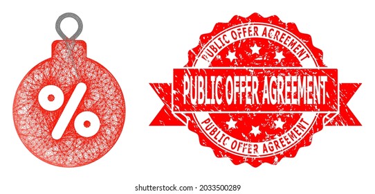 Network christmas discount ball icon, and Public Offer Agreement dirty ribbon stamp seal. Red stamp seal has Public Offer Agreement caption inside ribbon.