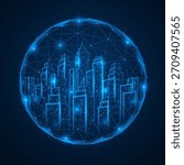 The network city of the future. High-rise buildings enclosed in a spherical dome. The concept of a smart metropolis fully integrated into the digital infrastructure. Polygonal design, blue background.