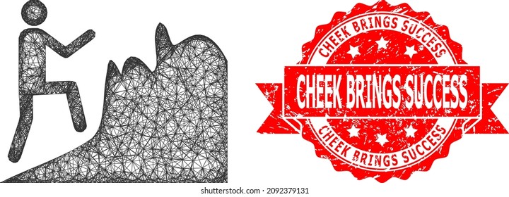 Network climbing person icon, and Cheek Brings Success grunge ribbon stamp seal. Red stamp seal contains Cheek Brings Success title inside ribbon.