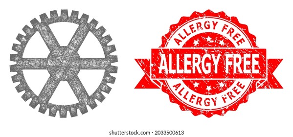 Network clock gearwheel icon, and Allergy Free textured ribbon seal print. Red stamp seal contains Allergy Free text inside ribbon.Geometric linear frame 2D network based on clock gearwheel icon,