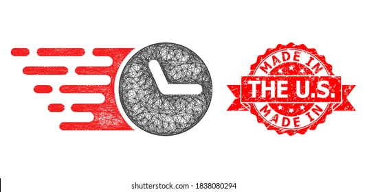 Network clock icon, and Made In The U.S. dirty ribbon stamp. Red stamp contains Made in the U.S. caption inside ribbon.Geometric hatched frame flat network based on clock icon,