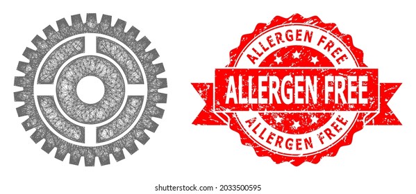 Network clock wheel icon, and Allergen Free scratched ribbon stamp seal. Red stamp includes Allergen Free tag inside ribbon.Geometric wire carcass 2D network based on clock wheel icon,