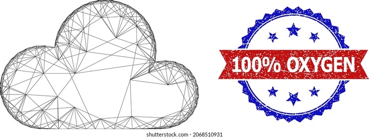 Network cloud carcass icon, and bicolor dirty 100 part Oxygen seal stamp. Flat model created from cloud icon and intersected lines. Vector seal with corroded bicolored style,