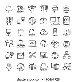 network and cloud computing icons, hand drawn icons