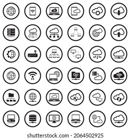 Network Cloud Icons. Black Flat Design In Circle. Vector Illustration.