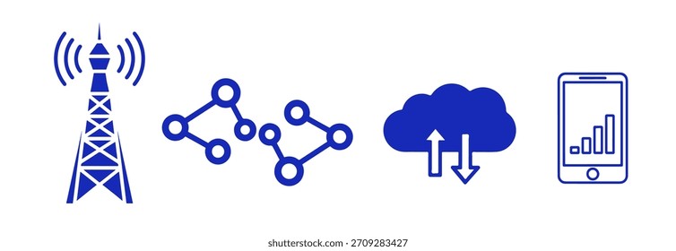 Símbolos de red, nube y datos móviles ideales para aplicaciones de tecnología, datos, conectividad y telecomunicaciones.