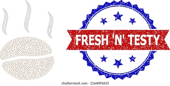 Network coffee aroma carcass illustration, and bicolor rubber Fresh 'N' Testy seal stamp. Polygonal carcass image based on coffee aroma pictogram.