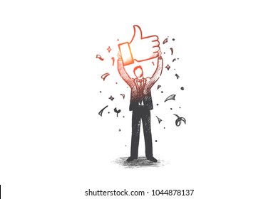 Network communication concept. Hand drawn thumbs up sign as symbol of like. Networking symbol isolated vector illustration.