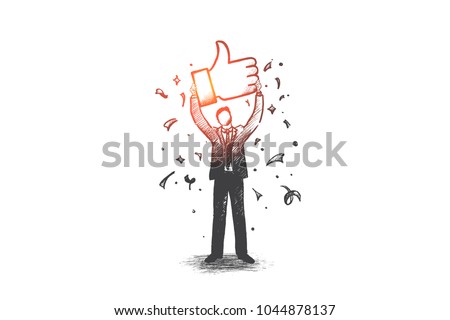 Network communication concept. Hand drawn thumbs up sign as symbol of like. Networking symbol isolated vector illustration.