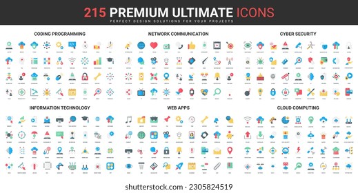 Network communication, cyber security color flat icons set vector illustration. Abstract symbols of programming and information technology, cloud computing simple design for mobile and web apps