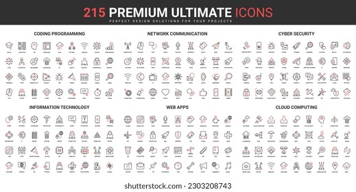 Network communication, cyber security thin line red black icons set vector illustration. Abstract symbols of programming, information technology, cloud computing simple design for mobile, web apps