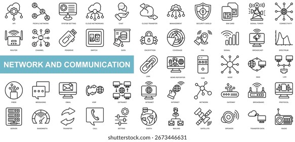 Network and communication icon collection set. System setting, API, Cloud transfer, Security shield, People network icon. Simple line vector.
