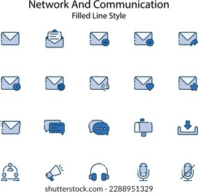 The network and communication icon set features a comprehensive collection of icons related to various aspects of networking, communication, and information technology. With icons representing everyth
