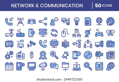 Network and communication Icons Bundle. Blue color icons style. Vector illustration.