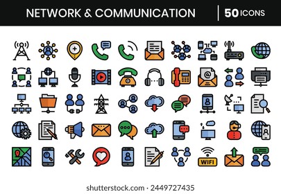 Network and communication Icons Bundle. Filled outline icons style. Vector illustration.