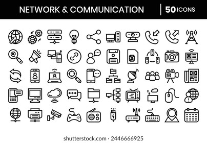 Network and communication Icons Bundle. Outline icons style. Vector illustration.