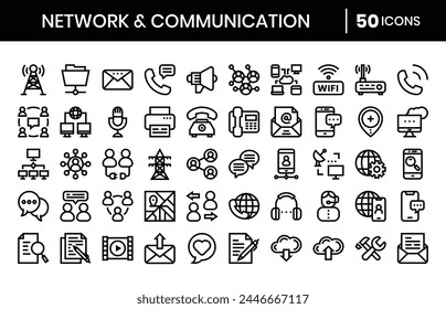 Network and communication Icons Bundle. Outline icons style. Vector illustration.