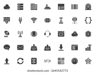Network and communication solid glyph icon set. Vector symbols include router, wifi, 5G, DNS, server, satellite, firewall, cloud lock, download, QR code. Solid vector sign icon collection.