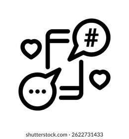 Network Communication Symbols with Hearts Speech Bubbles and Hashtag Outline