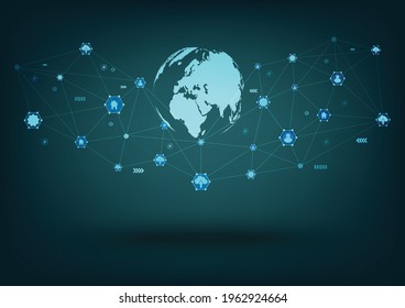 Network communication technology for global.Data network communication in the global computer networks.telecommunication, earth cryptocurrency.Vector modern technology and communication concept.