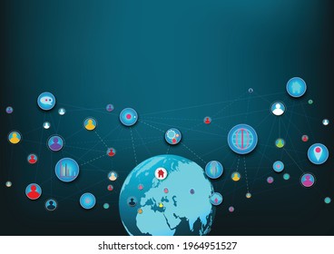 Network communication technology for global.Data network communication in the global computer networks.telecommunication, earth cryptocurrency.Vector modern technology and communication concept.
