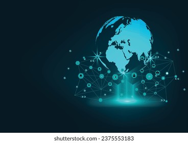 Network communication technology for global.Data network communication in the global computer networks.telecommunication, earth cryptocurrency.Vector modern technology and communication concept.