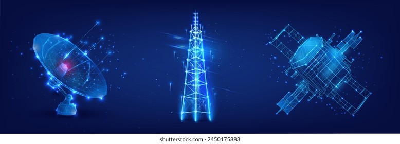 Network Communication Technology with Satellite, Antenna, and Space Station. A visual concept of space communication technology with wireframe satellite, radio tower, and space station illuminating.