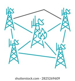 Network communication towers with a central station showing a fire warning icon symbol