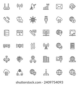 Network and Communications line icons set. linear style symbols collection, outline signs pack. Global Network vector graphics. Set includes icons Wifi Router, Wireless signal connection, sata server