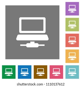 Network computer flat icons on simple color square backgrounds