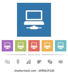 Network computer flat white icons in square backgrounds. 6 bonus icons included.