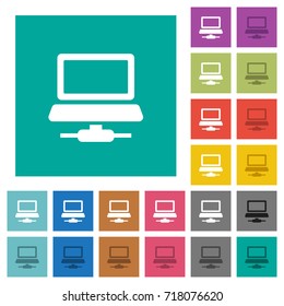 Network computer multi colored flat icons on plain square backgrounds. Included white and darker icon variations for hover or active effects.