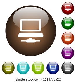 Network computer white icons on round color glass buttons