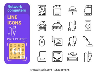 Network computers accessories line icons set vector illustration. Collection of electronic equipments flat style. Everything for your device pixel perfect