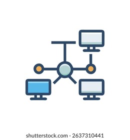 Network of Computers Connecting to Central Hub Flat Graphic