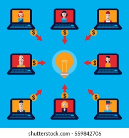 Network of computers contribute one coin each to a giant lightbulb in the center