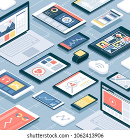 Network of computers and touch screen smart devices connecting online: mobile apps, technology and connections