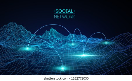 Network concept blue vector wireframe landscape. Futuristic vector illustration.Technology background honeycomb hexagon. Big data 3d landscape.