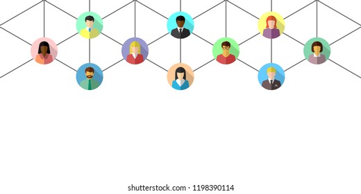 Network concept with diverse people connected by lines. Abstract business and social networking banner on white background.