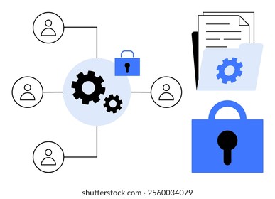 Network configuration with interconnected users and gears symbolizing collaboration and optimization. Lock symbols and documents in a folder highlight security and information protection. Ideal for