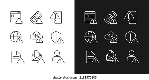 Network connect issues pixel perfect linear icons set for dark, light mode. Internet connection interruption. Isolated vector illustrations. Simple filled line drawings collection. Editable stroke