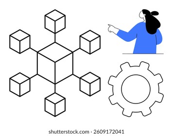 Network of connected cubes in the center with a large gear on the right and person pointing on the upper right. Ideal for technology business process networking project management and teamwork