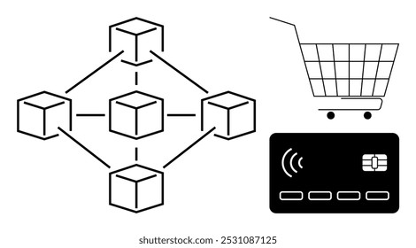 A network of connected cubes, representing blockchain technology, accompanied by a shopping cart and a credit card. Ideal for e-commerce, digital payment, blockchain, cryptocurrency, and online