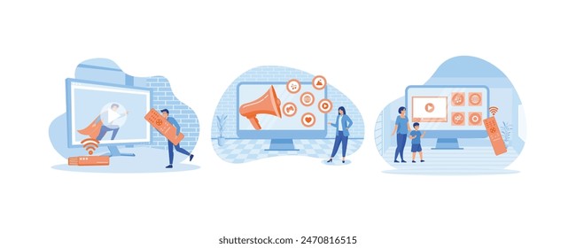 Network connected interactive device. Modern television technology metaphors set. Internet TV, broadcasting media. Set flat vector modern illustration 