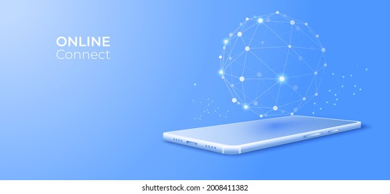 Network connected with line on 3d isometric mobile background. Digital technology concept. Vector art illustration