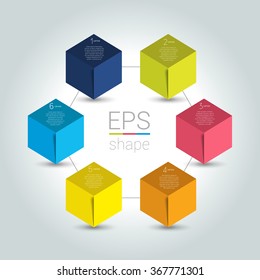 Network connected speech diagram. Hexagon presentations with text box. Infographic.  6 step design. Vector illustration.