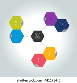 Network connected speech diagram. Hexagon presentations with text box. Infographic.  6 step design. Vector illustration.