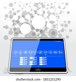 A network connected Tablet computer presenting a horizontal application list. A selected movie application is expanded showing a list of available entertainment media.