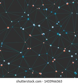 Network of connected triangles with bright circles dots.  Mesh, lattice, grid, web, net.  Teal on black background.  Seamless repeat vector pattern swatch.  Generative Art.
