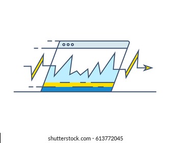 Network connection acceleration. Internet browser window with peaks and arows. Vector illustration.